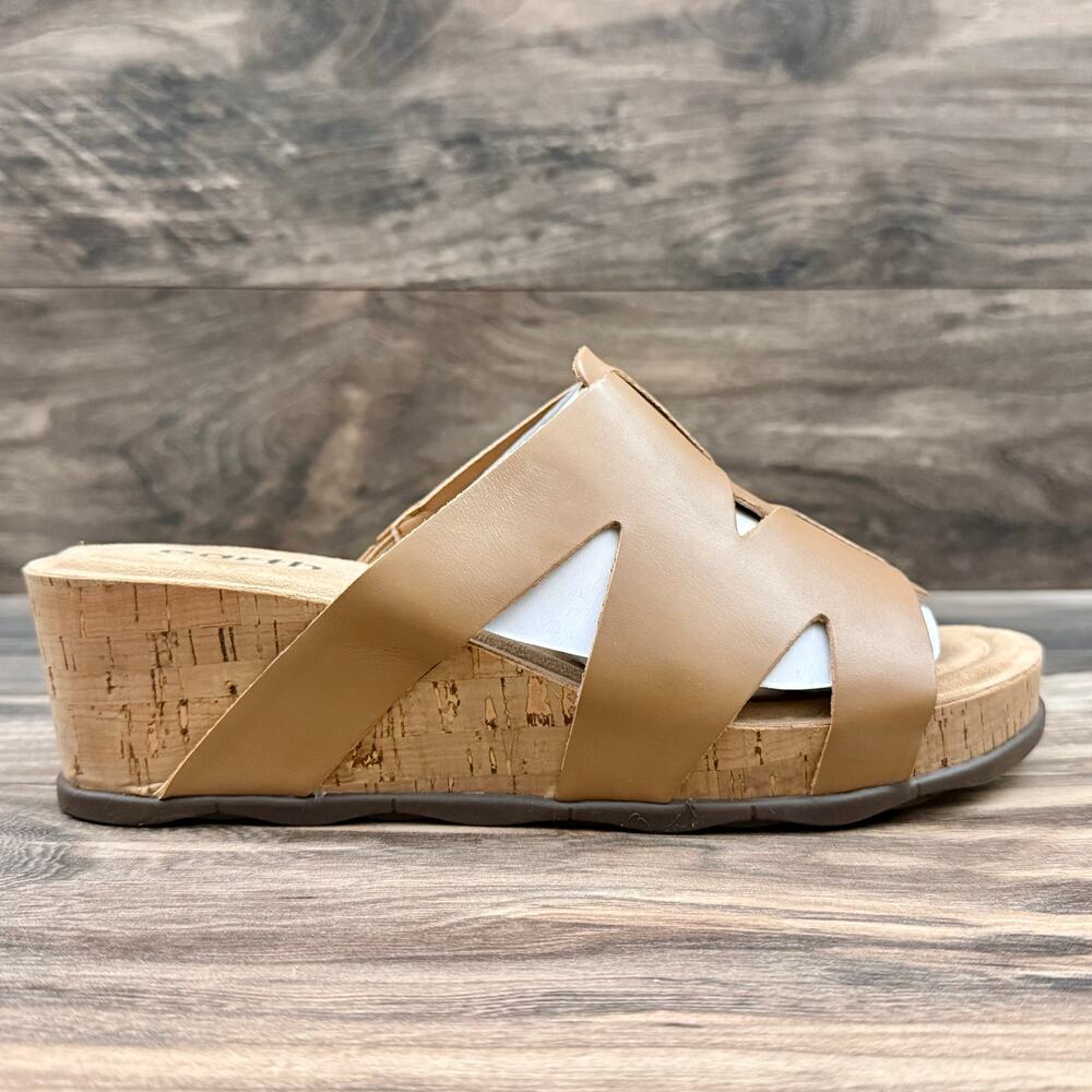 NIB Earth Willow 9M Leather Comfort Cork Wedge Slide Sandals Medium Brown - Picture 4 of 10